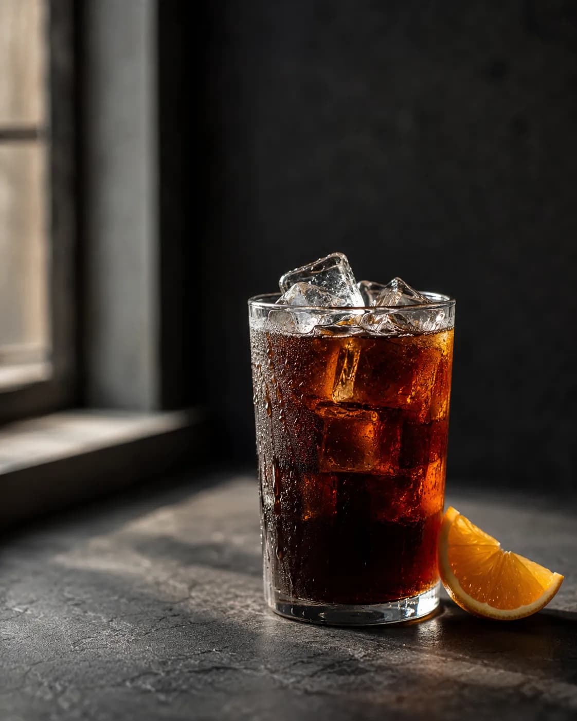 Café frío servido sobre hielo en un vaso de vidrio.