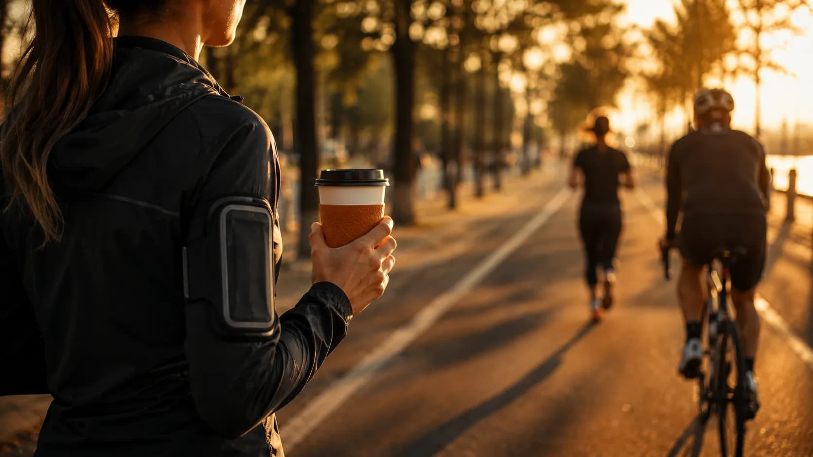 Persona con un estilo de vida activo disfrutando un café para llevar.