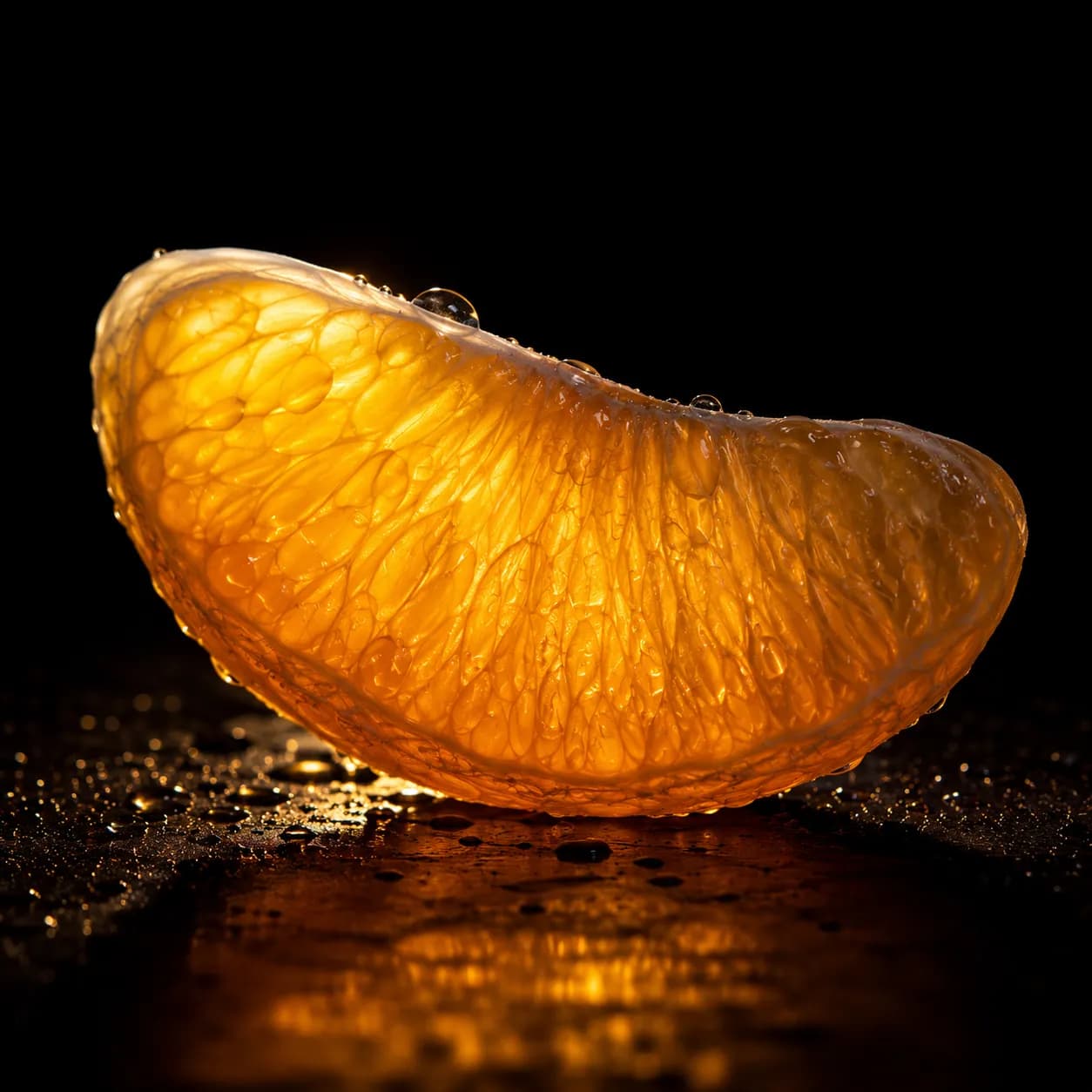 Gajo de cítrico traslúcido iluminado a contraluz.