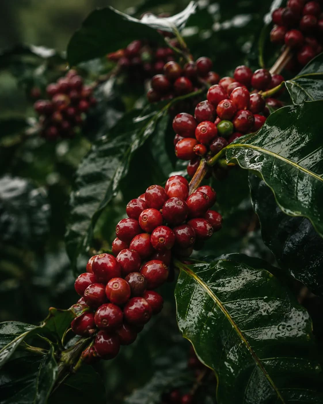 Cerezas de café maduras y brillantes en la rama de un cafeto.