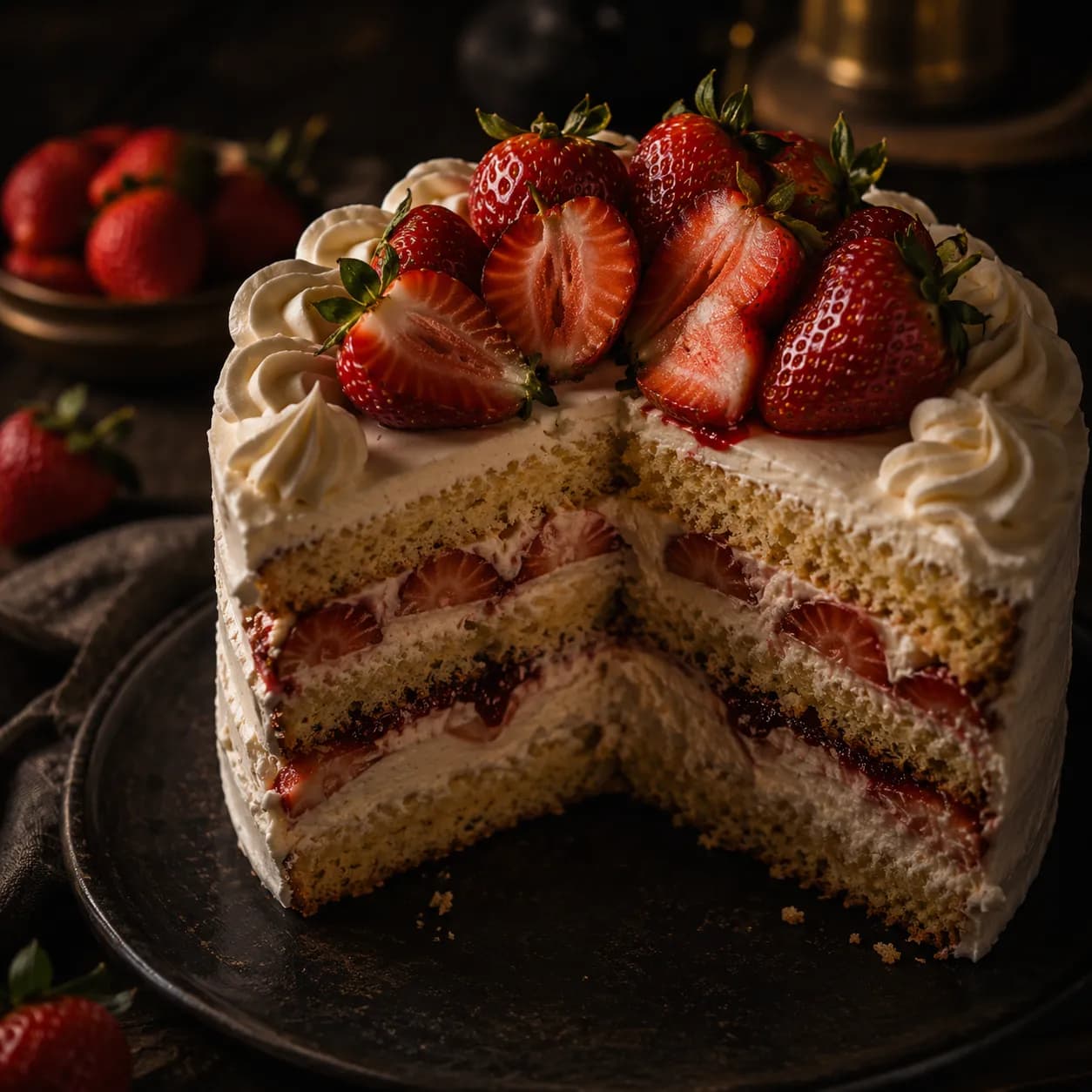 Pastel de fresas con capas de crema, en corte.