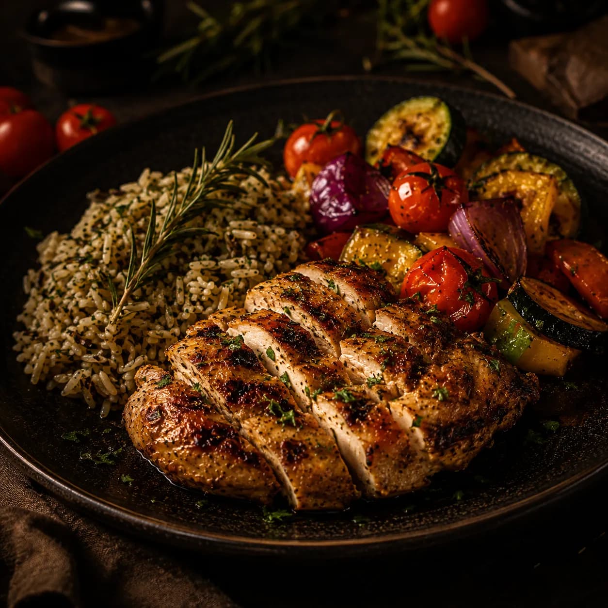 Plato de pollo a la parrilla con arroz y verduras asadas.